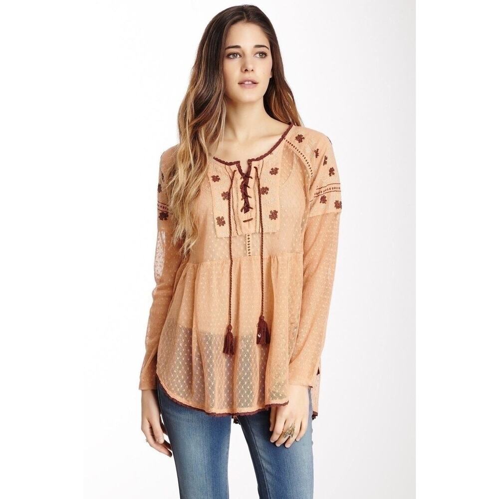 Free People Top XS Roses are Red Embroidered Lace Up Sheer Bohemian Festival